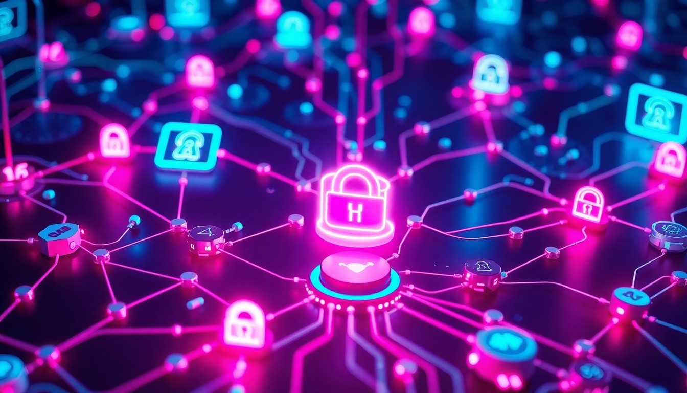 A highly detailed, glowing 3D illustration depicting a complex network of interconnected AI agents, algorithms, and data flows, with recognizable cybersecurity elements like firewalls and encryption keys illuminated by neon cyan and magenta lights, conceptually representing the need for comprehensive protection of AI-powered endpoints.