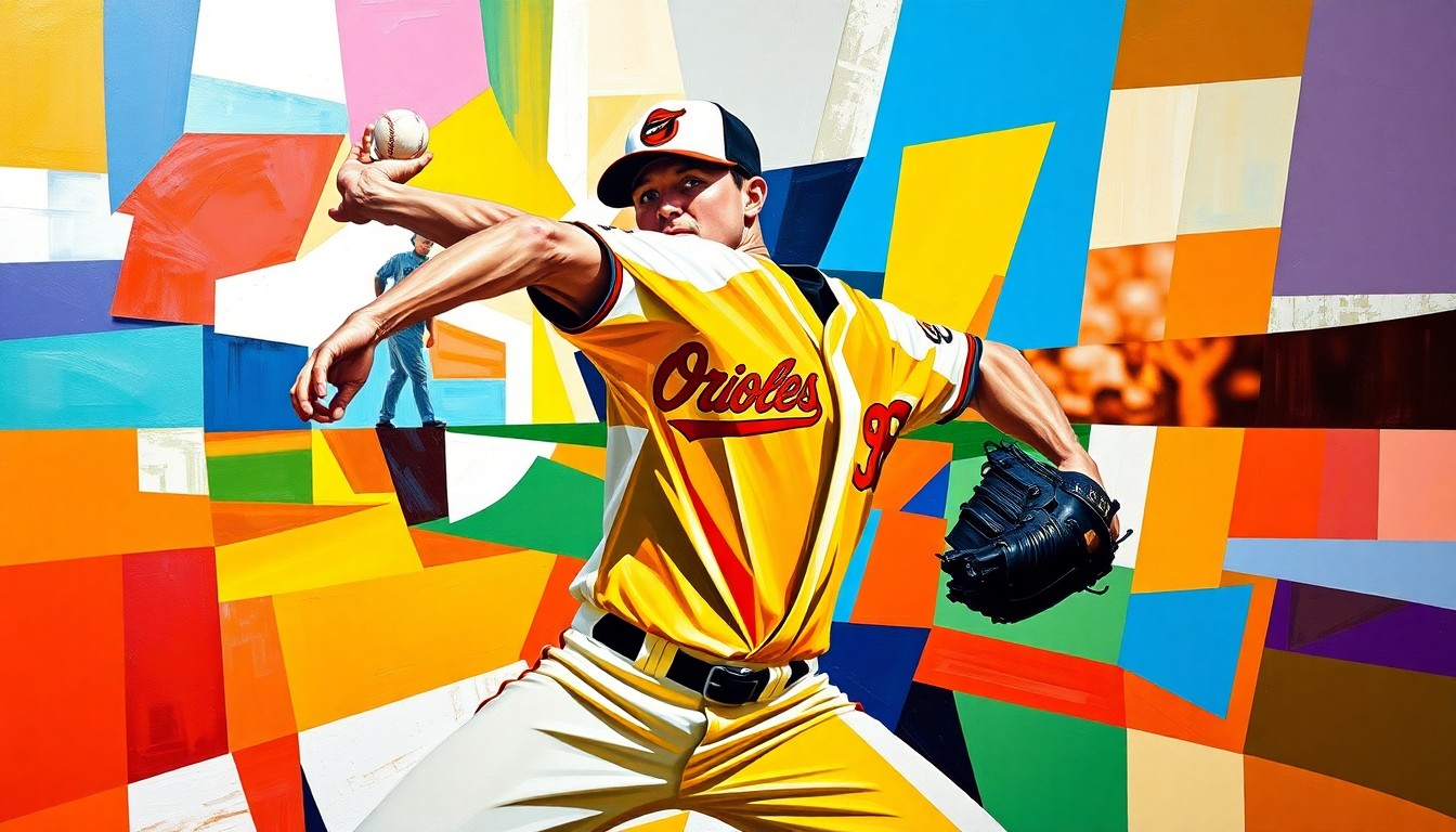 A cubist-style painting depicting a baseball pitcher's motion broken down into overlapping geometric shapes and planes, using vibrant colors to represent the Orioles and Marlins teams.