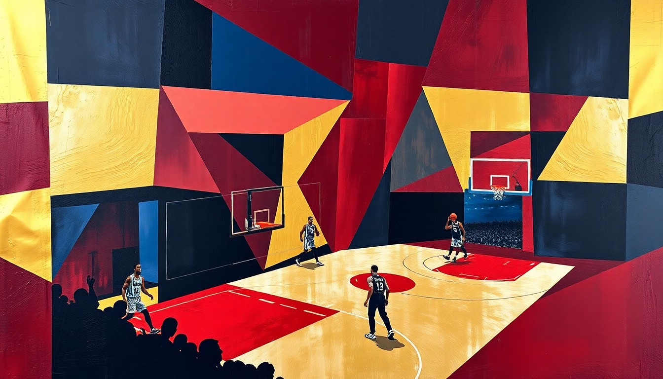 A cubist, geometric painting depicting a fragmented basketball game, with sharp, overlapping planes of color representing the dynamic action on the court.