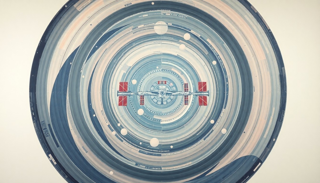 A bold, abstract painting in the style of Hilma af Klint, featuring sweeping geometric arcs, concentric circles, and precise spirals in soft, flat colors against a clean background, conceptually representing the complex technological systems and forces behind a successful cargo resupply mission to the International Space Station.