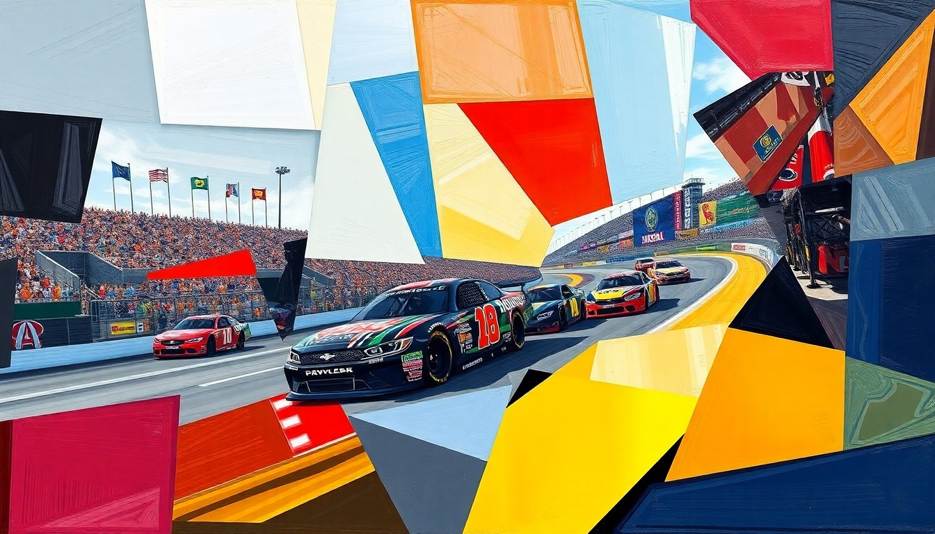 A vibrant, cubist-inspired painting depicting the Bristol Truck Series race in a fractured, geometric style, with overlapping planes of color representing the dynamic action on the track.