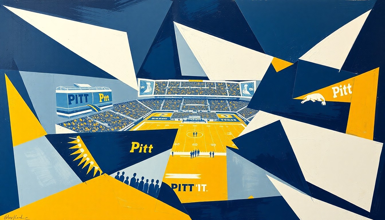 A cubist, geometric painting depicting a Pitt football game, with sharp, overlapping shapes in navy blue, gold, and white representing the action on the field.