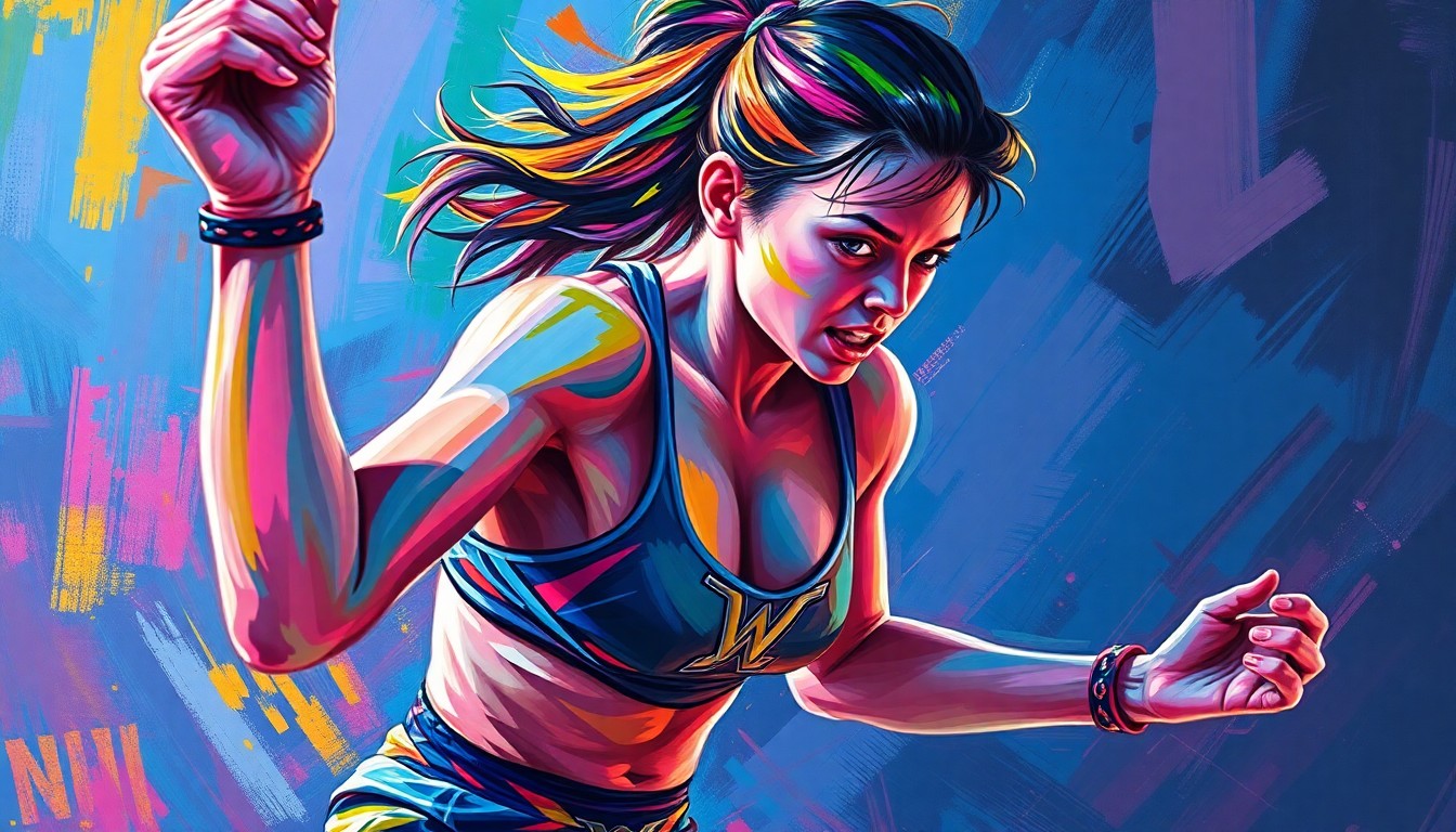 An abstract, neon-colored painting depicting a young female wrestler in mid-action, her limbs and body blurred into vibrant, energetic brushstrokes, capturing the raw power and skill of the sport.