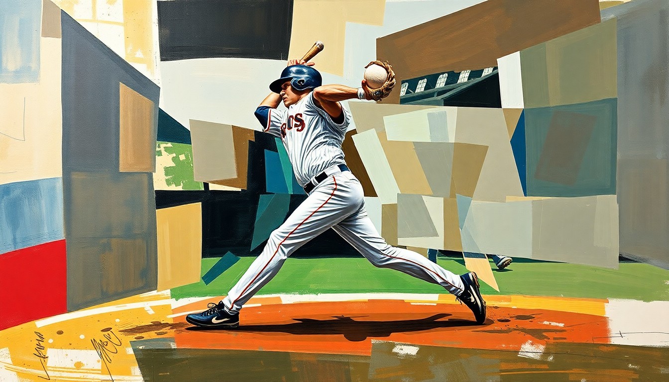 A cubist-style painting depicting a baseball player in motion, with their body and movements broken down into sharp, overlapping geometric shapes and planes in a variety of bright, contrasting colors.