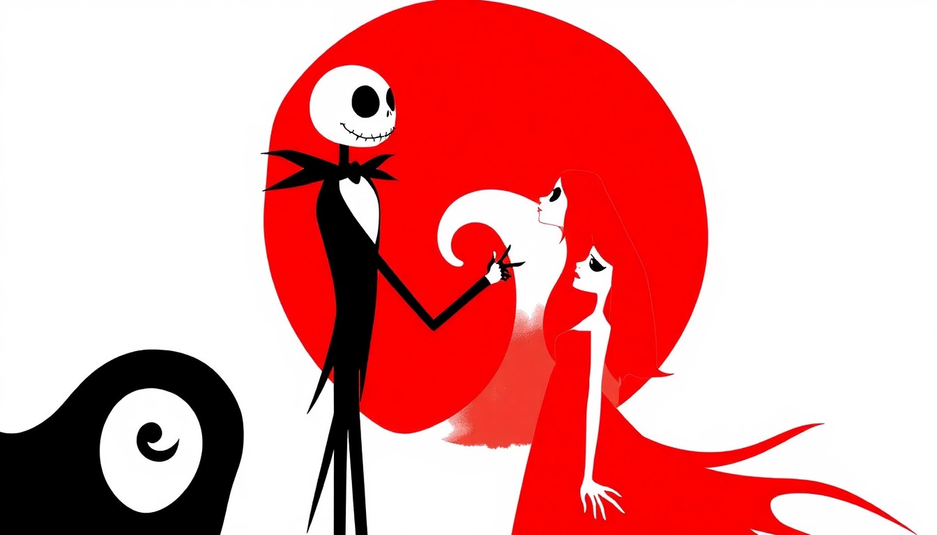 A stark, abstract illustration composed of jagged black silhouettes and bold geometric shapes in red and white, conceptually representing the iconic characters of Jack Skellington and Sally from The Nightmare Before Christmas.