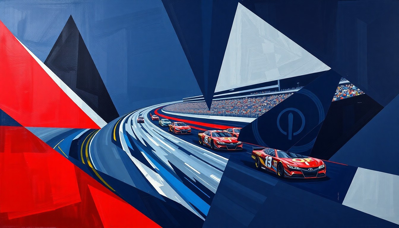 A fractured, multi-perspective painting in bold, angular shapes and vibrant colors, depicting the abstracted forms of race cars and the Bristol Motor Speedway track, conceptually representing the competitive intensity of the NASCAR qualifying session.