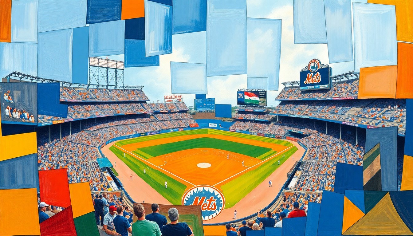 A cubist, geometric painting depicting a fragmented baseball scene, with sharp planes of blue and orange representing the Mets' team colors and the dynamic changes to their roster.