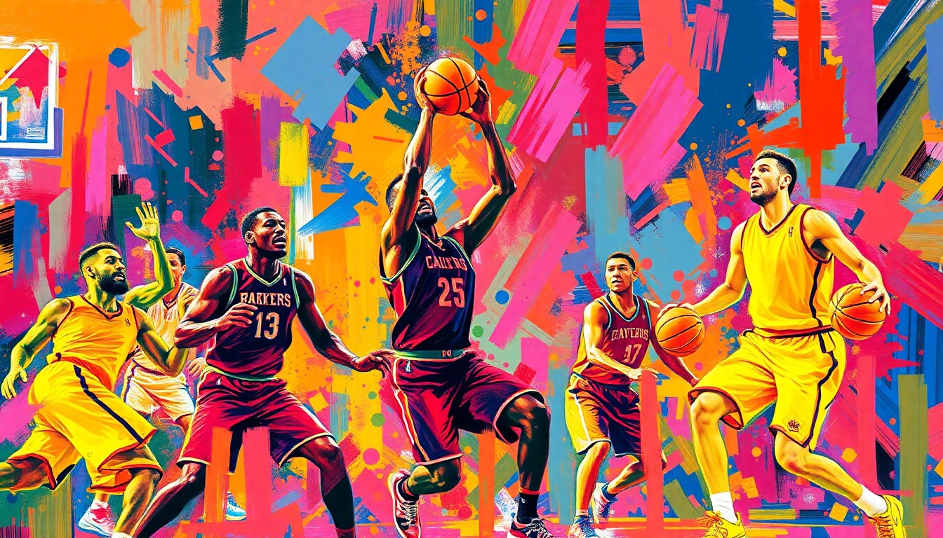 An abstract, neon-colored painting with rapid brushstrokes and dissolving forms, capturing the raw energy and intensity of a high-stakes basketball game.