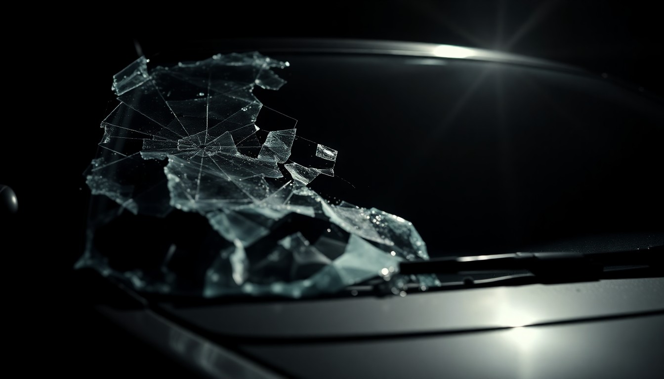 An extreme close-up photograph of a shattered car windshield or damaged vehicle part, lit by a harsh, direct camera flash against a pitch-black background, conceptually illustrating the tragic aftermath of a fatal car crash.