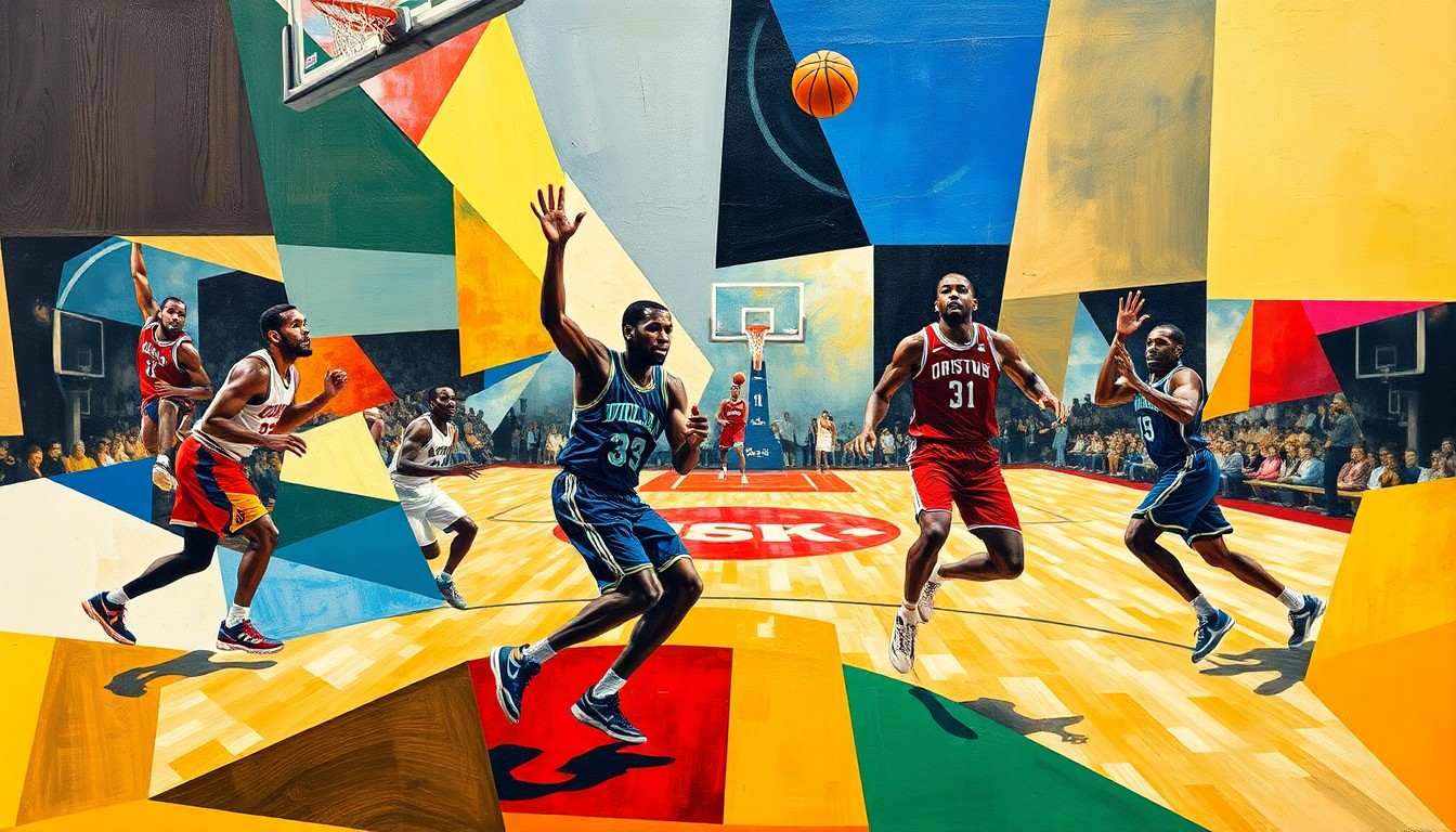 A fractured, geometric painting depicting the key players involved in the NBA scoring record, with their figures and movements broken down into abstract shapes and forms in the style of Pablo Picasso.