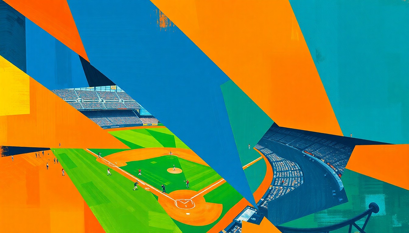 A fragmented, geometric painting in vibrant colors representing the dynamic action of a baseball game, with overlapping shapes and planes conveying the energy and drama of the Tigres' win.