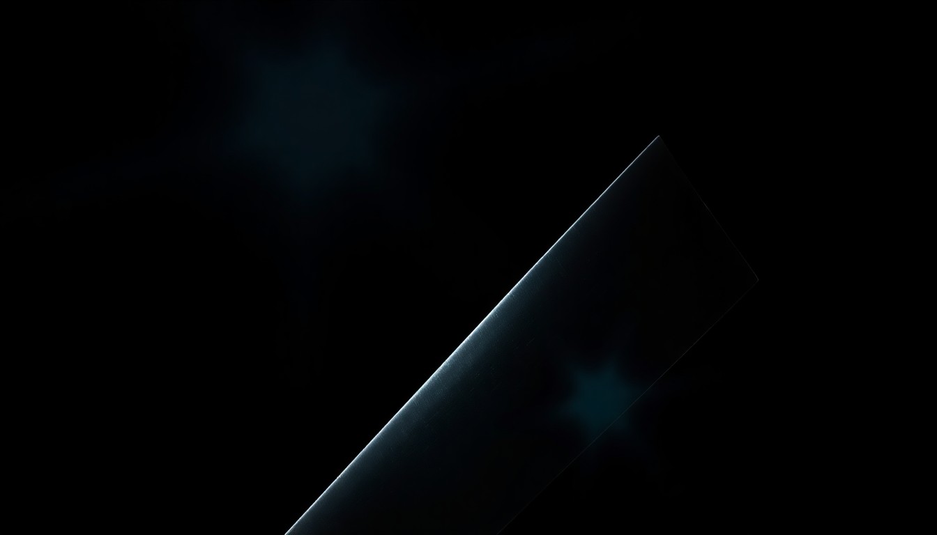 An extreme close-up photograph of a machete blade against a pitch-black background, the harsh lighting creating a stark, investigative aesthetic without any additional context or elements.