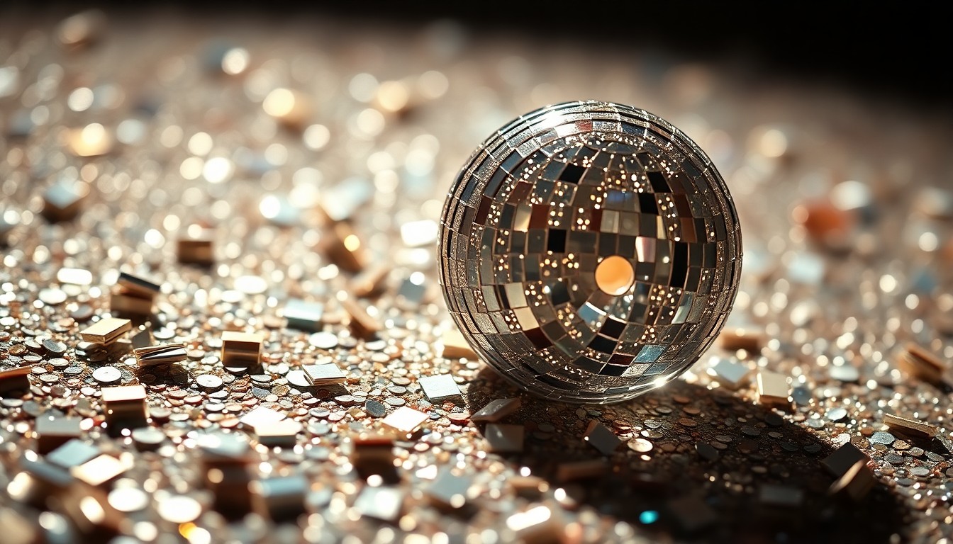 An abstract close-up image of glittering sequins and shattered disco glass, using dramatic lighting to create a high-fashion, glamorous aesthetic that reflects the energy and excitement of Coachella's musical performances.