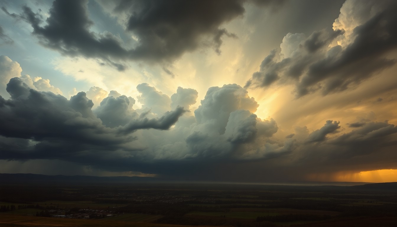 A sweeping, atmospheric landscape painting in muted tones of grey, blue, and gold, with dramatic, swirling clouds and intense backlighting that dwarfs a small town or rural setting below, conveying the sublime power of a severe thunderstorm.
