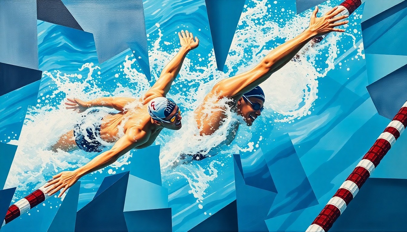 A fragmented, geometric painting depicting the intense motion and energy of a college swimming competition, with overlapping planes of color and form representing the technical and emotional complexity of the event.