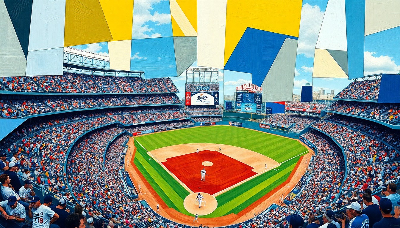 A cubist, geometric painting depicting a fragmented, abstract scene of a Dodgers baseball game, with players, stadium, and crowd broken down into overlapping shapes and planes of color.