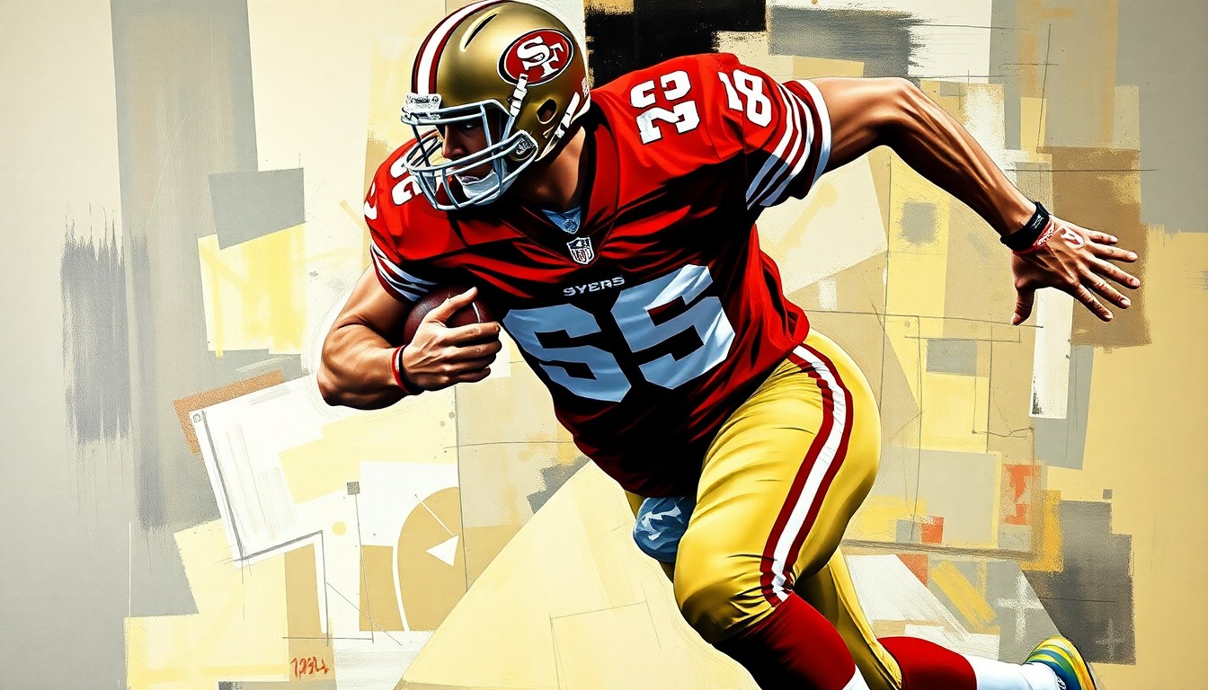 A cubist, geometric painting depicting a football player in mid-action, with sharp, overlapping planes of color and form representing the dynamic nature of the player's movements and the team's decision-making process.