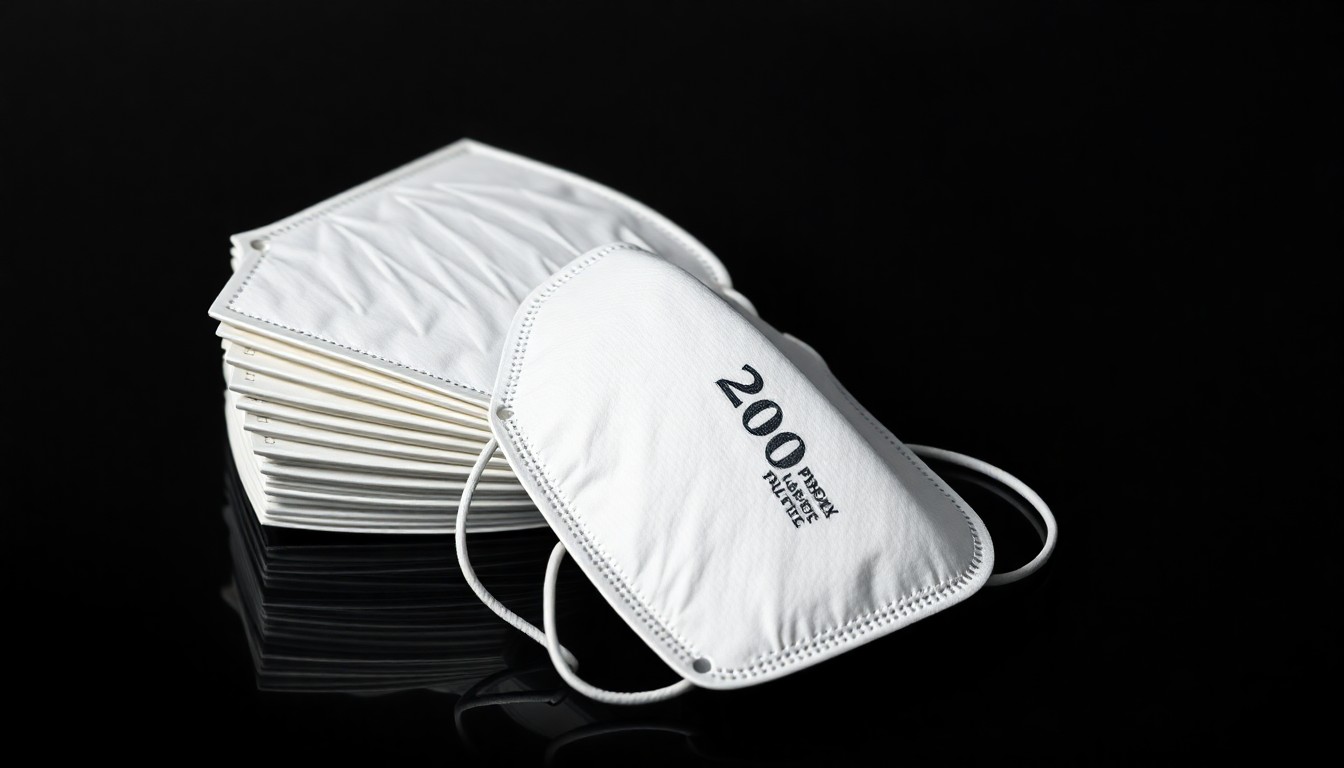 A photorealistic studio still life featuring a stack of crisp white N95 masks partially obscured by a single dollar bill, symbolizing the financial complexities and broken trust at the heart of the legal dispute.