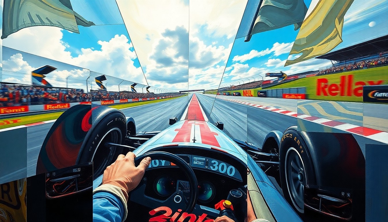 A fractured, multi-perspective painting depicting a race car driver's intense physical movements and focus, broken down into sharp, overlapping geometric planes in a cubist style, conceptually representing the psychological toll of being a substitute driver.