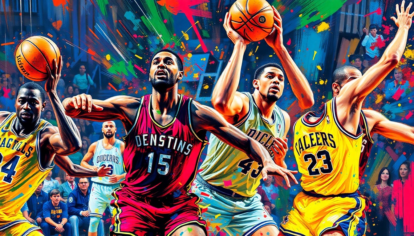 A vibrant, expressionist painting featuring dynamic, swirling brushstrokes of neon colors that capture the raw energy and movement of a high-intensity basketball game, with players' forms and jerseys dissolving into abstract shapes and splatters.