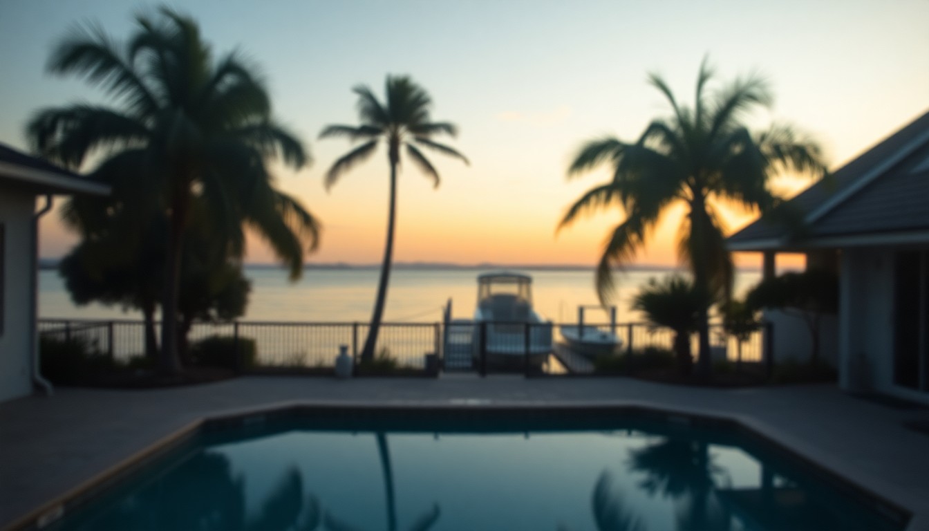 An out-of-focus, atmospheric photograph of a waterfront home's backyard, with a swimming pool, palm trees, and a boat dock visible through a hazy, warm filter, conceptually representing the serene, luxurious lifestyle of this property.