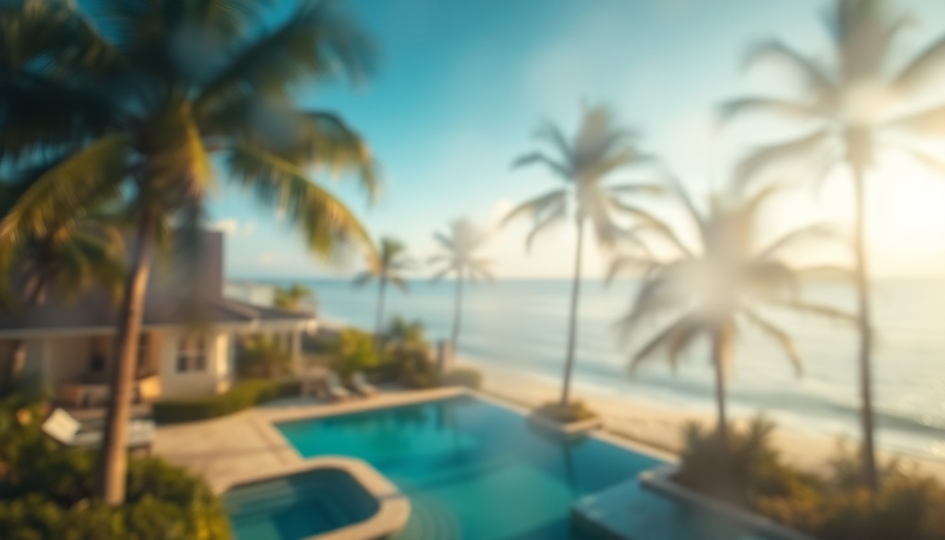An abstracted, out-of-focus scene of a lush, tropical beachfront property with swaying palm trees, a private pool, and the distant outline of the Gulf of Mexico, captured in soft, warm tones of golden sunlight, azure blue, and verdant green, conveying a sense of serene, timeless luxury.