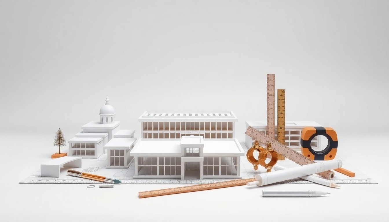 A high-end, photorealistic studio still-life featuring a collection of premium architectural models, scale rulers, and drafting tools arranged elegantly on a clean, monochromatic seamless background, conceptually representing the planning and design process behind the Boise Centre's expansion.