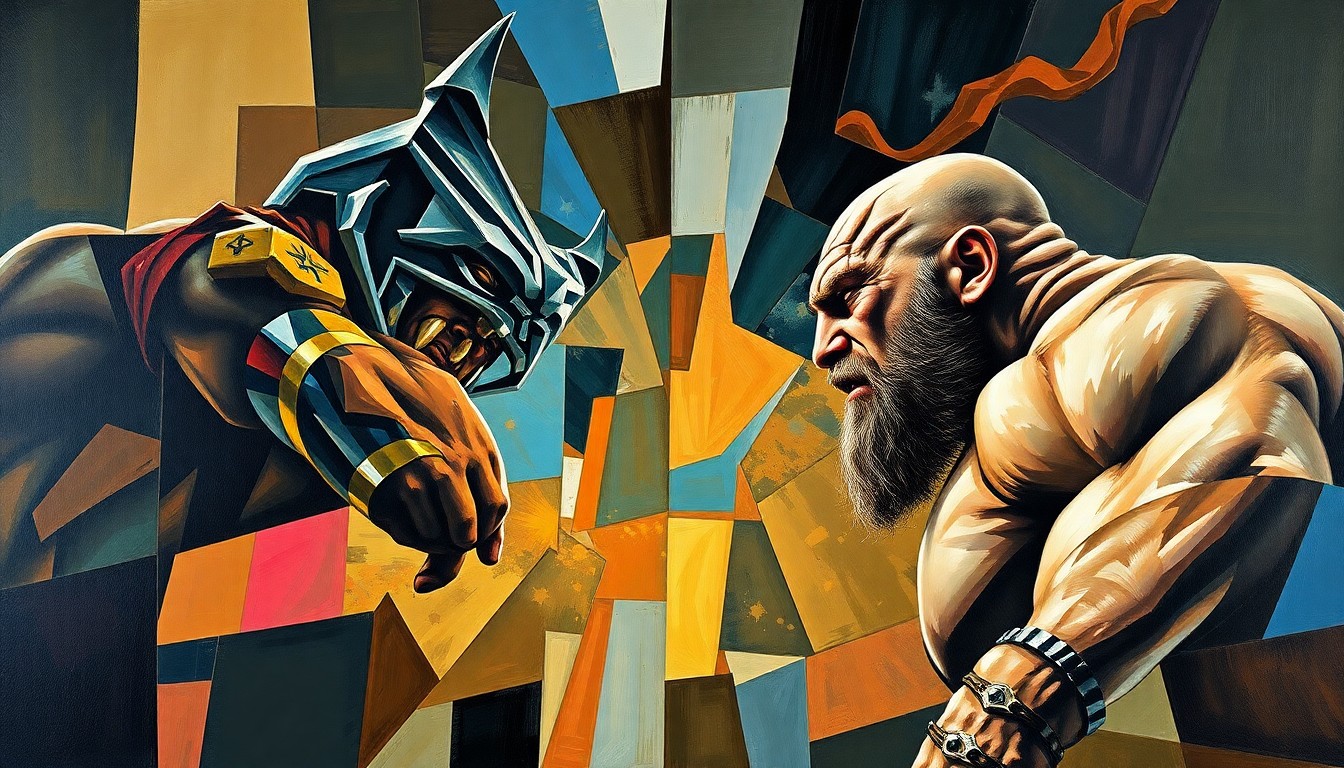 A fractured, cubist-style painting depicting the intense confrontation between two muscular wrestlers, their bodies and movements broken down into sharp, overlapping geometric shapes and planes.