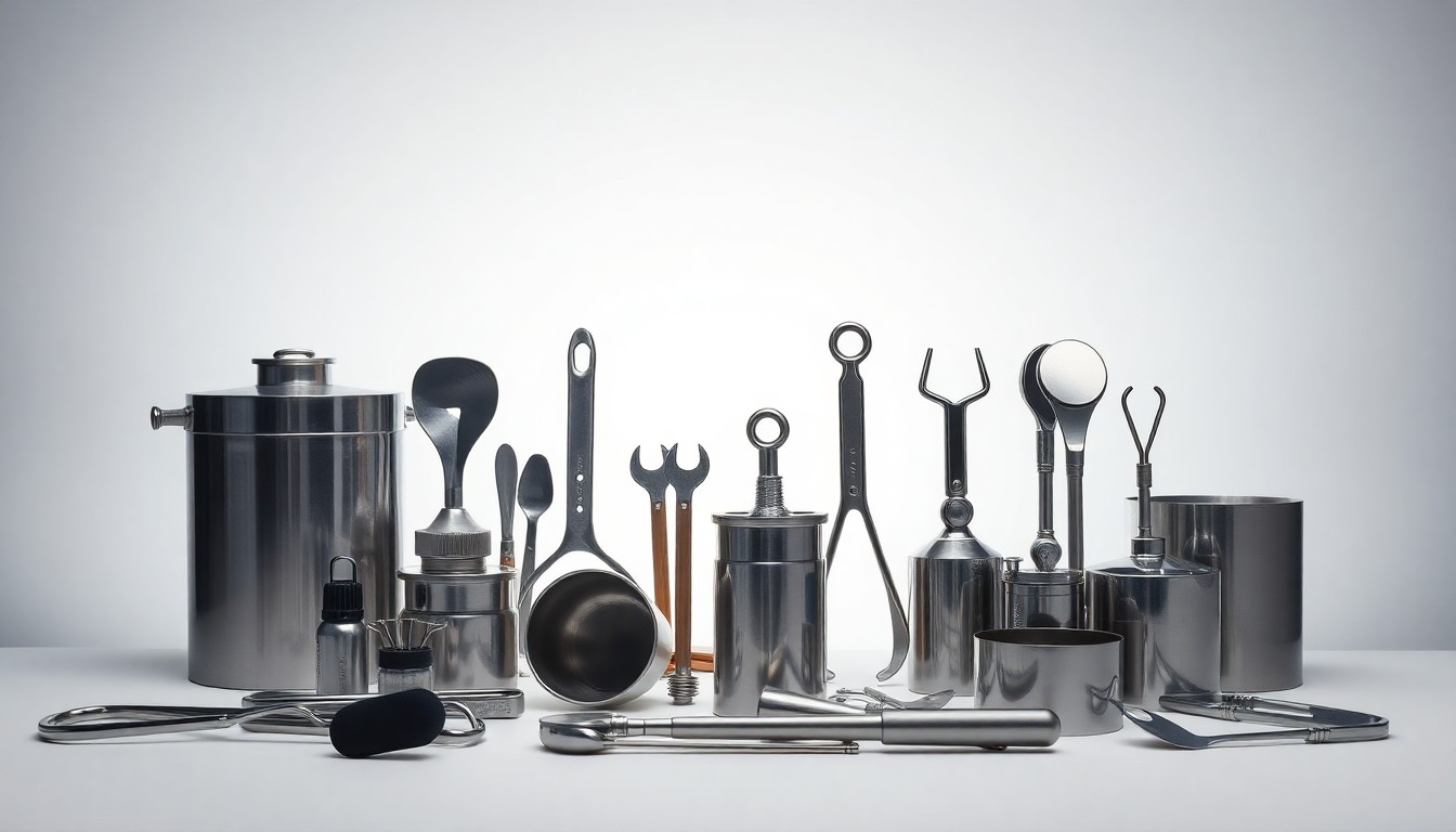 A high-end, photorealistic studio still-life photograph featuring a collection of premium, polished metal tools and equipment used in a meatpacking plant, arranged elegantly on a clean, monochromatic background and dramatically lit to represent the abstract concepts of corporate strategy, labor negotiations, and market forces in the industry.