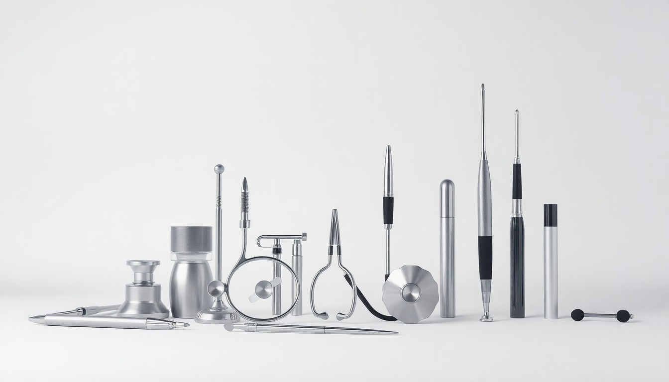 A photorealistic studio shot featuring a carefully arranged collection of modern, premium medical devices and instruments on a clean, monochromatic background, conveying the abstract ideas of corporate strategy and market competition in the healthcare industry.