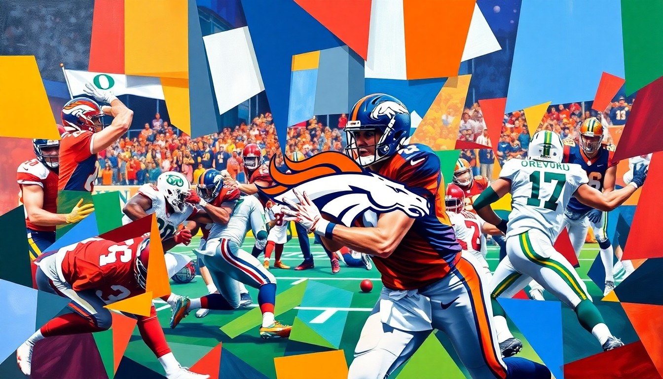 A fractured, cubist-style painting depicting a football player in motion, with sharp geometric planes in the Broncos' orange and blue colors as well as the green and yellow of the Oregon Ducks, conceptually representing the tension between the Broncos' long-term vision and the allure of a high-profile veteran quarterback.