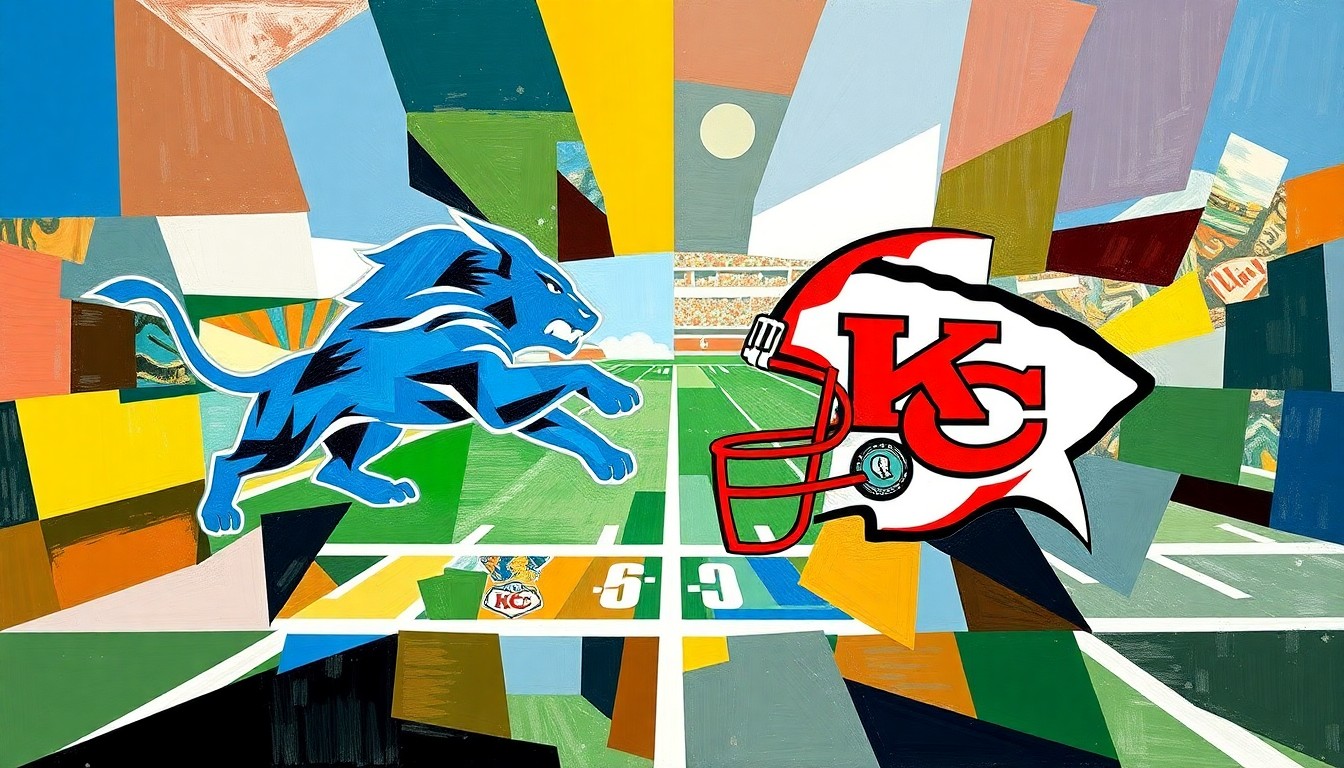 A fractured, multi-perspective painting featuring sharp, overlapping geometric planes in the official team colors of the Detroit Lions and Kansas City Chiefs, conceptually representing a potential trade involving star tight end Sam LaPorta.
