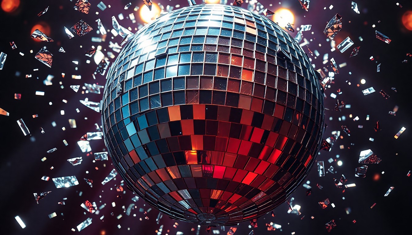 An extreme, abstract close-up photograph of shattered disco ball fragments reflecting dramatic, high-contrast studio lighting, conceptually representing the glitzy, high-fashion aesthetic and unexpected twists of the 2026 CBS season finales.