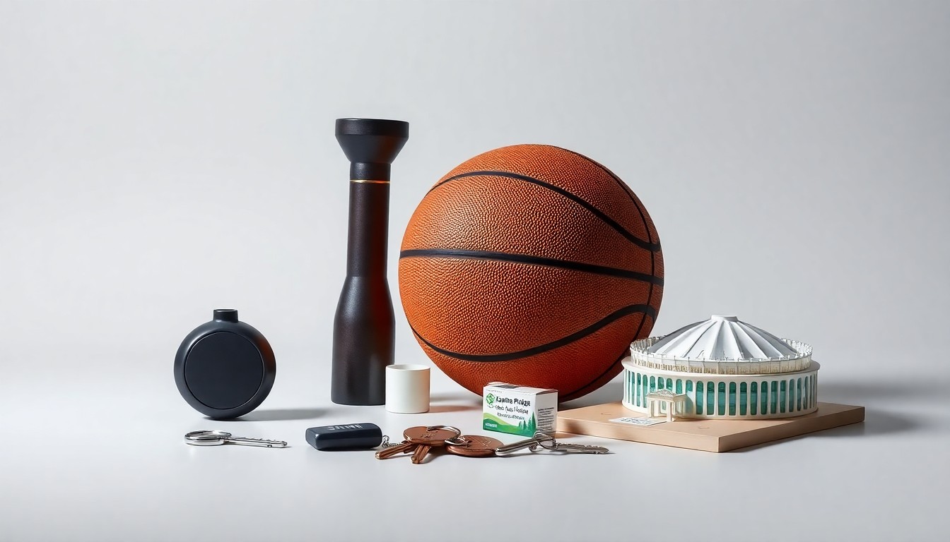 A conceptual studio still life photograph featuring a basketball, a set of keys, and a small model of Climate Pledge Arena, arranged elegantly on a clean, monochromatic background with sharp, dramatic lighting to convey a sense of anticipation and the weight of economic resilience.