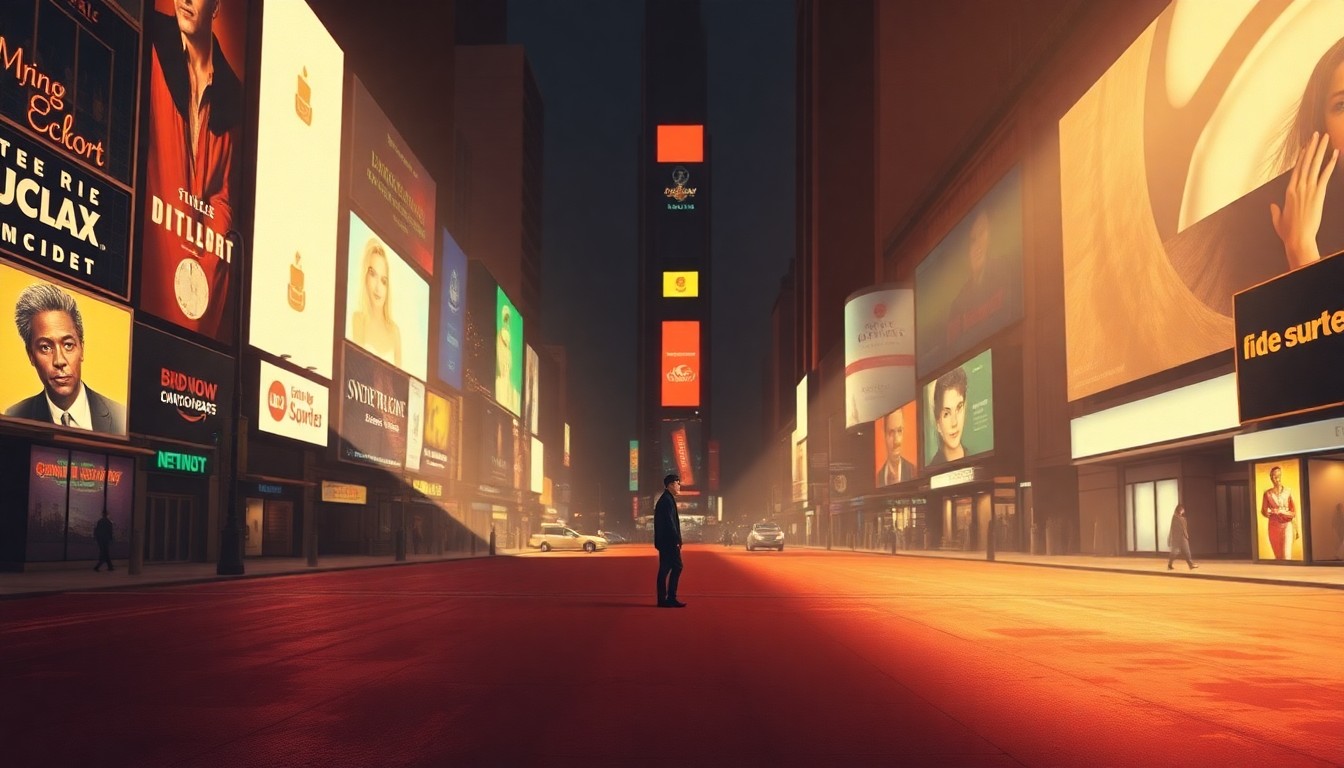 A cinematic painting of an empty Times Square at dusk, with a single figure standing alone in the warm, diagonal sunlight and deep shadows, capturing the quiet isolation and unease of the moment.