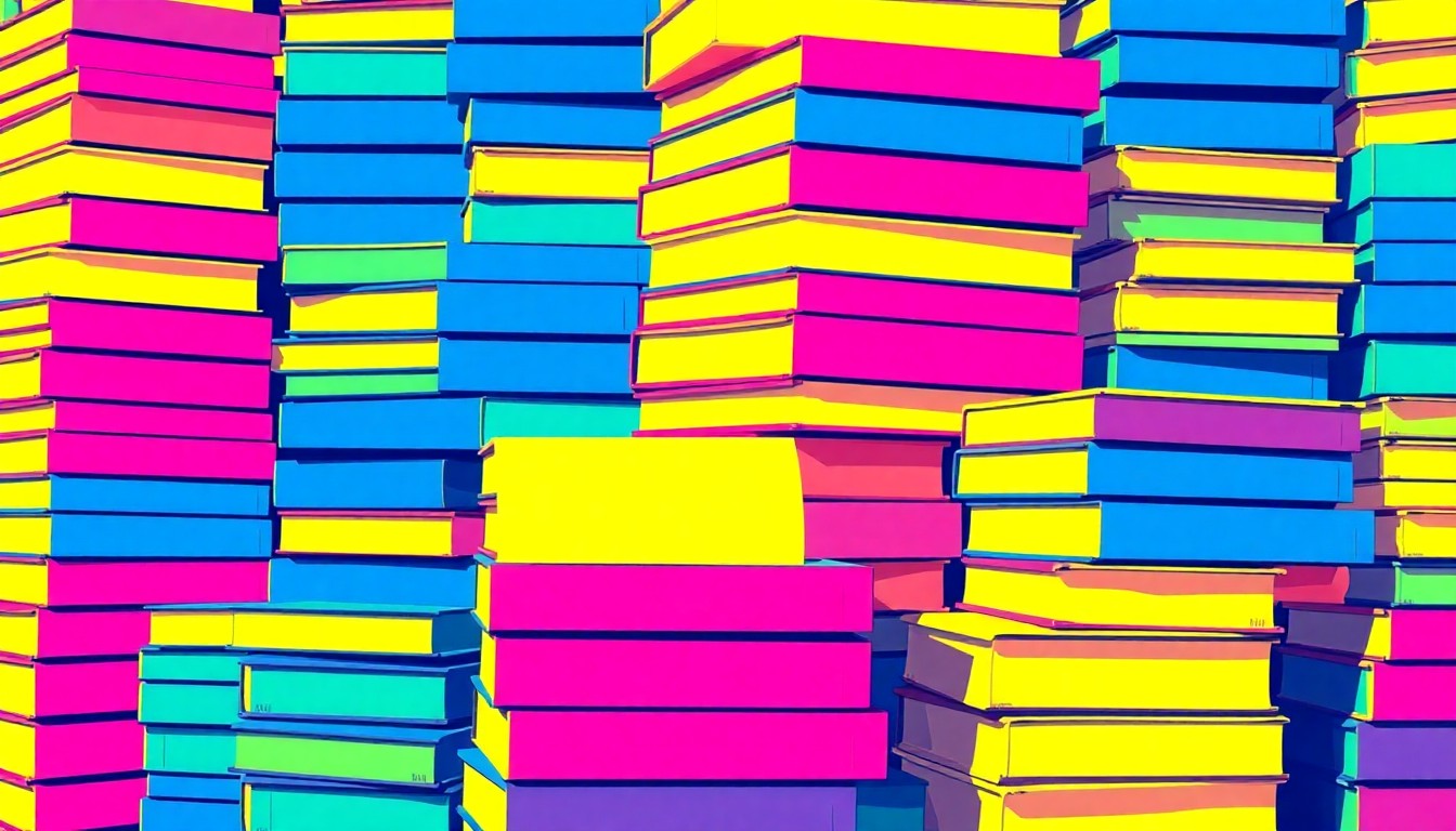 A bold, colorful silkscreen-style illustration featuring a repeating grid of stacked textbooks in vibrant neon shades of blue, pink, and yellow, conceptually representing the importance of education in the Iowa Falls community.