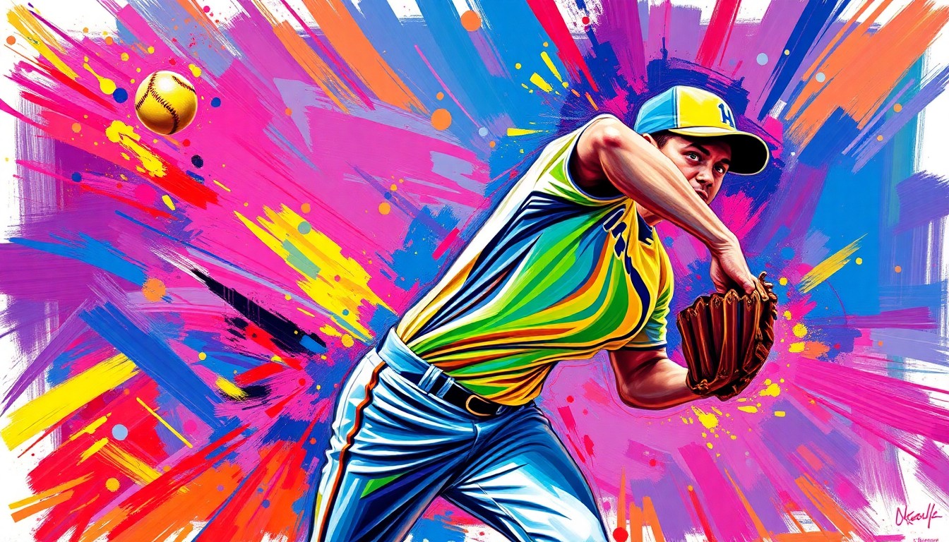 An abstract, energetic painting with bold brushstrokes in neon colors, capturing the powerful motion and intensity of a softball pitcher in action.