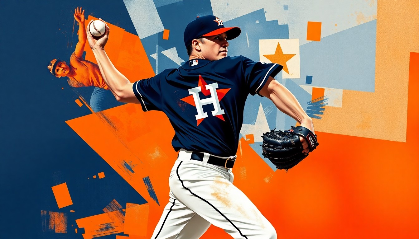 A cubist, geometric painting depicting a baseball pitcher's windup and delivery, with sharp, overlapping planes in the Astros' team colors of navy blue, orange, and white.