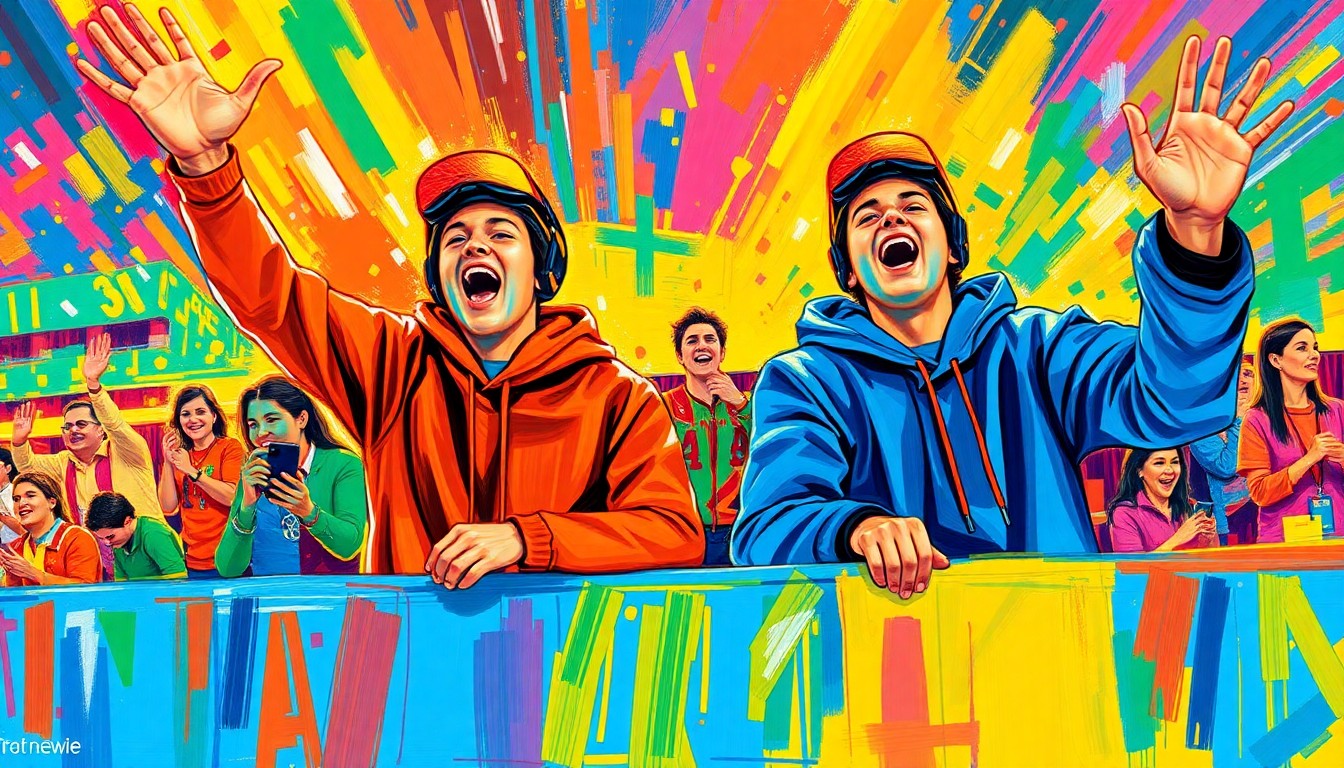 A vibrant, expressionist painting in neon colors depicting the Winn brothers cheering passionately, their bodies and faces dissolving into energetic brushstrokes that capture the raw emotion of the moment.