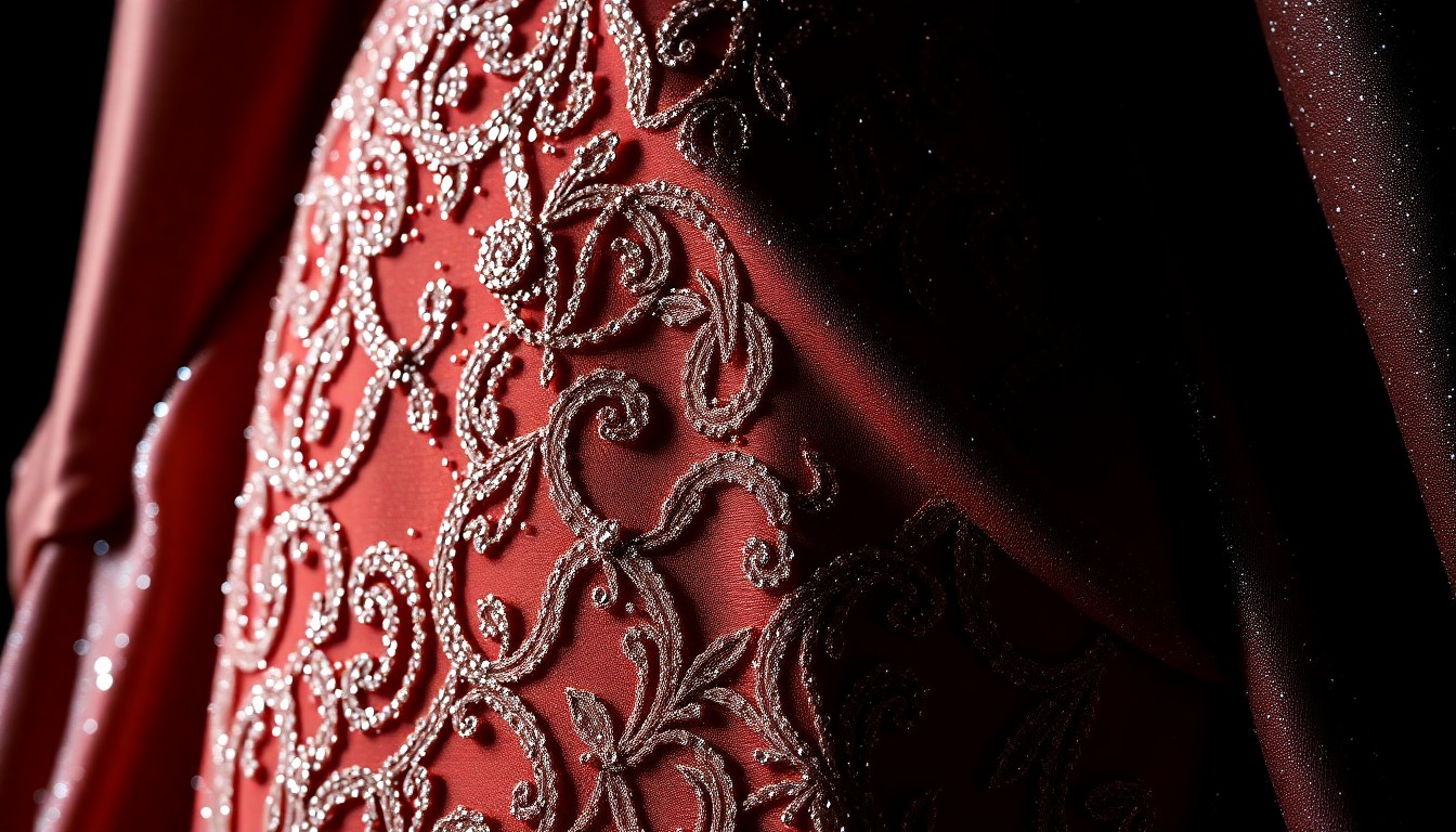 An extreme close-up photograph of the intricate, shimmering texture of an opera singer's gown, captured in high-contrast studio lighting to evoke a sense of elegant, red-carpet glamour.