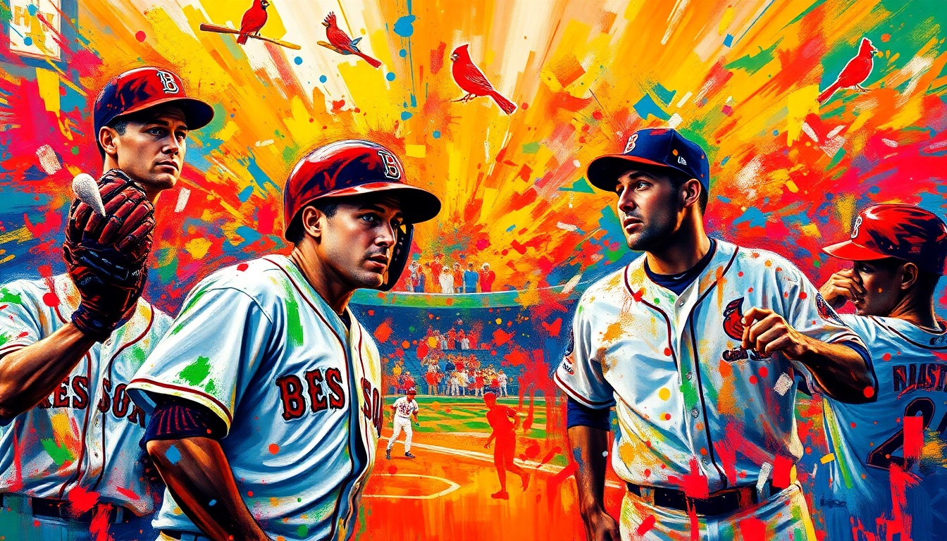 An abstract expressionist painting in neon colors depicting the dynamic action of a baseball game, with players' forms dissolving into bold, energetic brushstrokes.