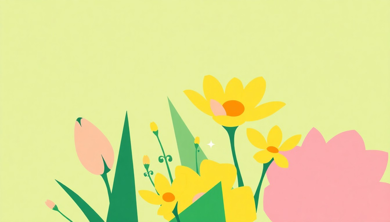 A striking, minimalist illustration featuring bold, geometric shapes in bright green, yellow, and pink, conceptually representing the joyful, floral-themed musical performance.