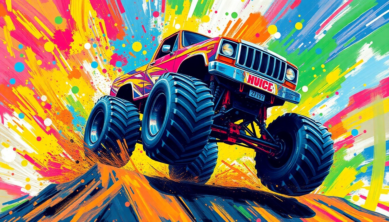 A dynamic, abstract painting in neon colors depicting the explosive energy and raw power of a monster truck mid-jump, with the vehicle's details blending into expressive brushstrokes.