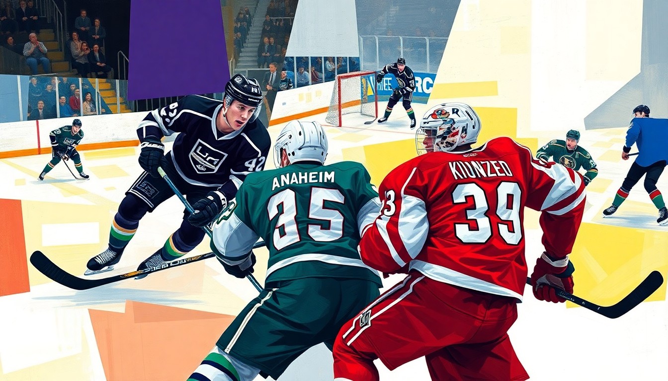 A cubist, geometric painting depicting the fragmented movements and perspectives of a hockey game, with the players' uniforms featuring the primary colors of the Los Angeles Kings and Anaheim Ducks.