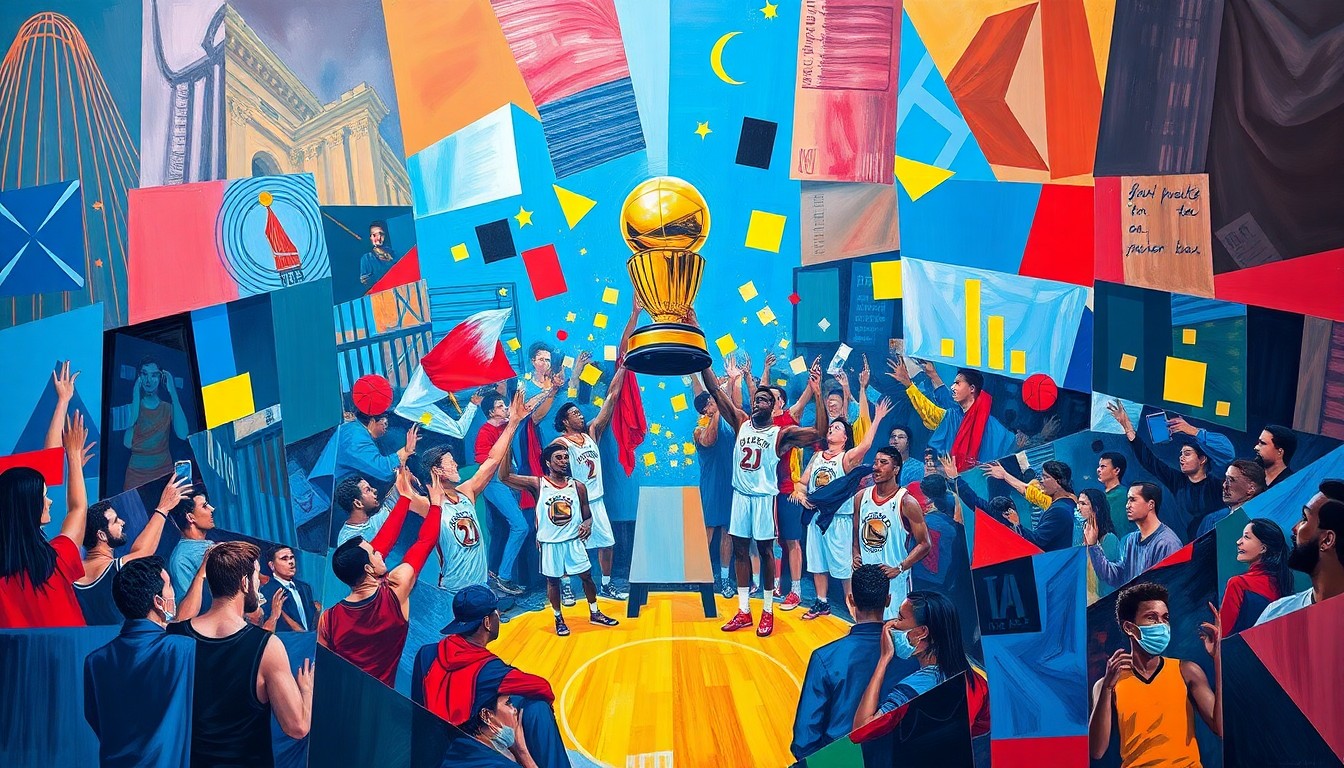 A fractured, cubist-style painting depicting a celebratory basketball scene with players, fans, and a trophy, rendered in vibrant colors and sharp, overlapping geometric shapes.