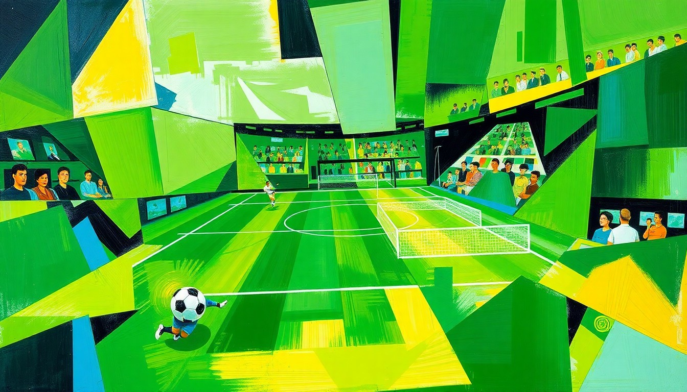 A dynamic, cubist-style painting depicting fragmented, overlapping geometric shapes in shades of green, blue, and yellow, representing the motion and energy of a high-intensity soccer or tennis match.