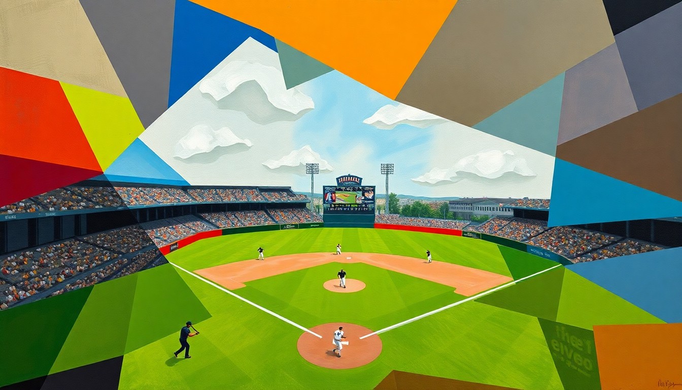 A cubist-style painting featuring overlapping geometric shapes and planes of color, representing the action and energy of a baseball game without any identifiable players or features.