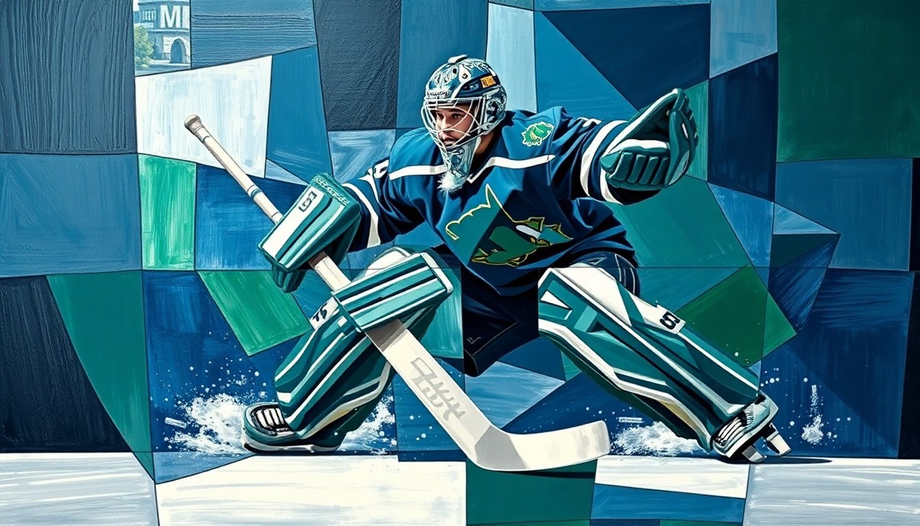 A fragmented, cubist-style painting depicting a hockey goaltender making a save, with the player's form broken down into overlapping geometric shapes in shades of blue, green, and silver, capturing the intensity and dynamism of the moment.