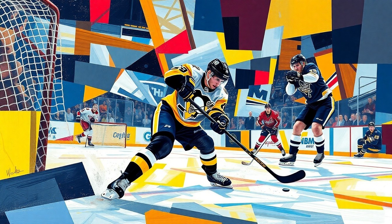 A fractured, cubist-style painting depicting the hockey action of Kevin Hayes scoring a goal, with the Penguins and Capitals uniforms represented through sharp, overlapping geometric shapes and planes of vibrant colors.