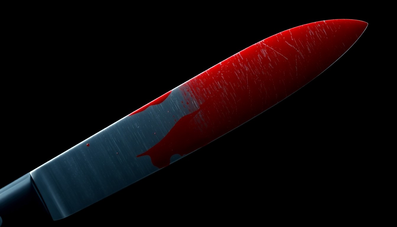 An extreme close-up of a single bloody knife blade, the harsh lighting and dark background creating a stark, gritty, investigative aesthetic that conceptually represents the violence of the crime.